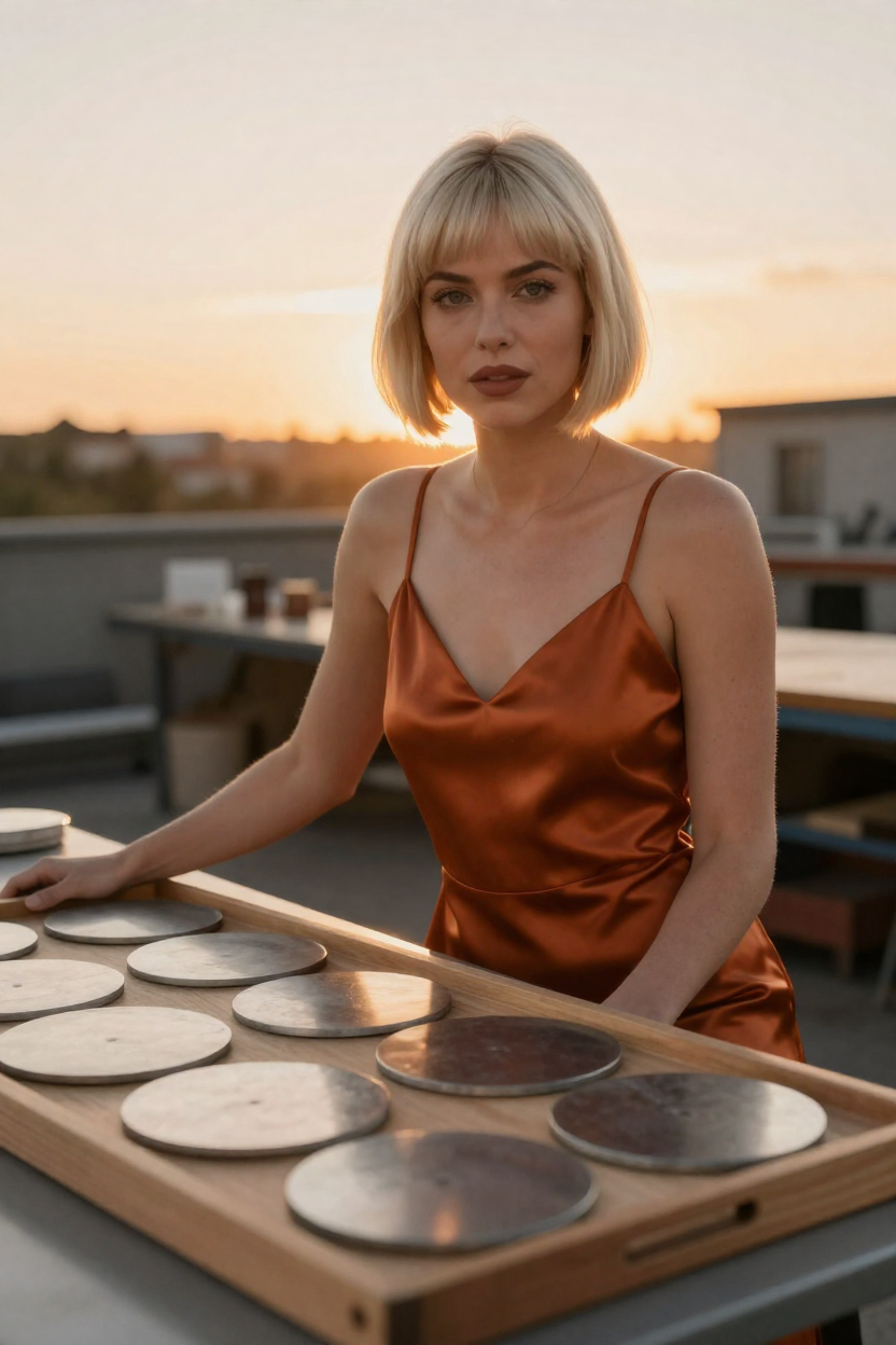 A fictional adult woman in her late twenties with a platinum-blonde bob and a direct gaze,